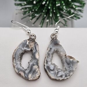Handmade Agate Crystal Geode Slice Earrings Sterling Silver Hooks Artisanal